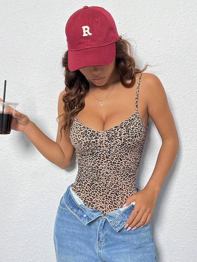 leopard print spaghetti strap corset style bodysuit
