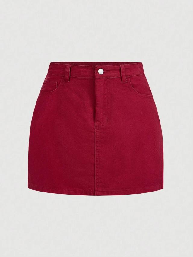 burgundy denim mini skirt with classic five-pocket styling