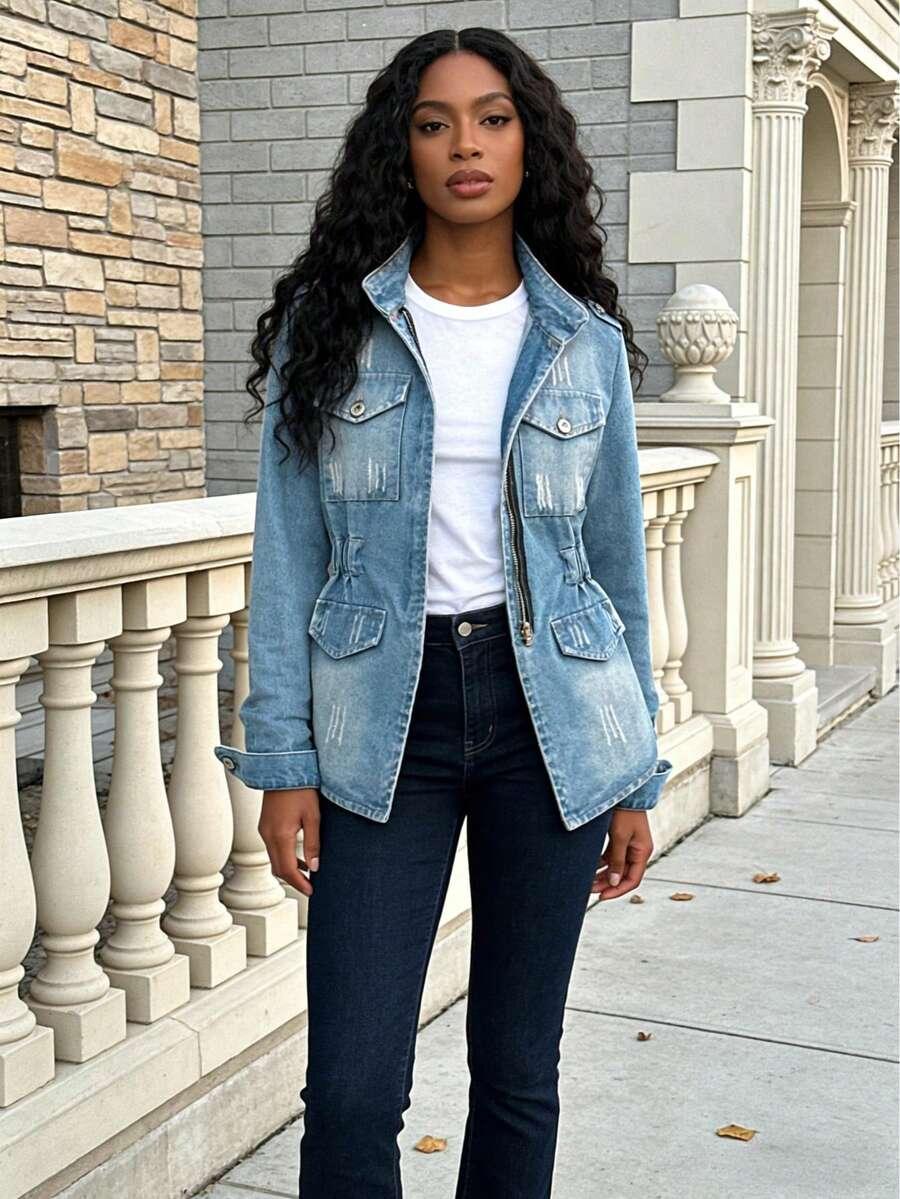 light wash distressed denim utility jacket