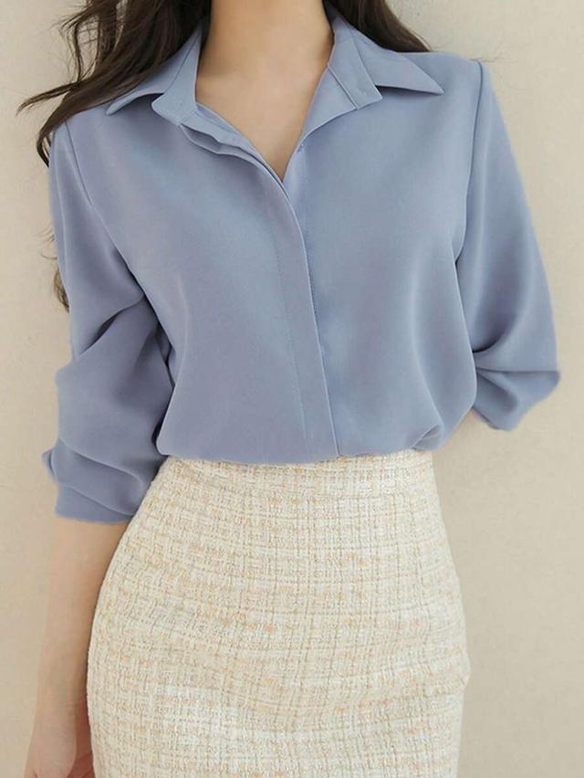 solid blue long sleeve casual business shirt