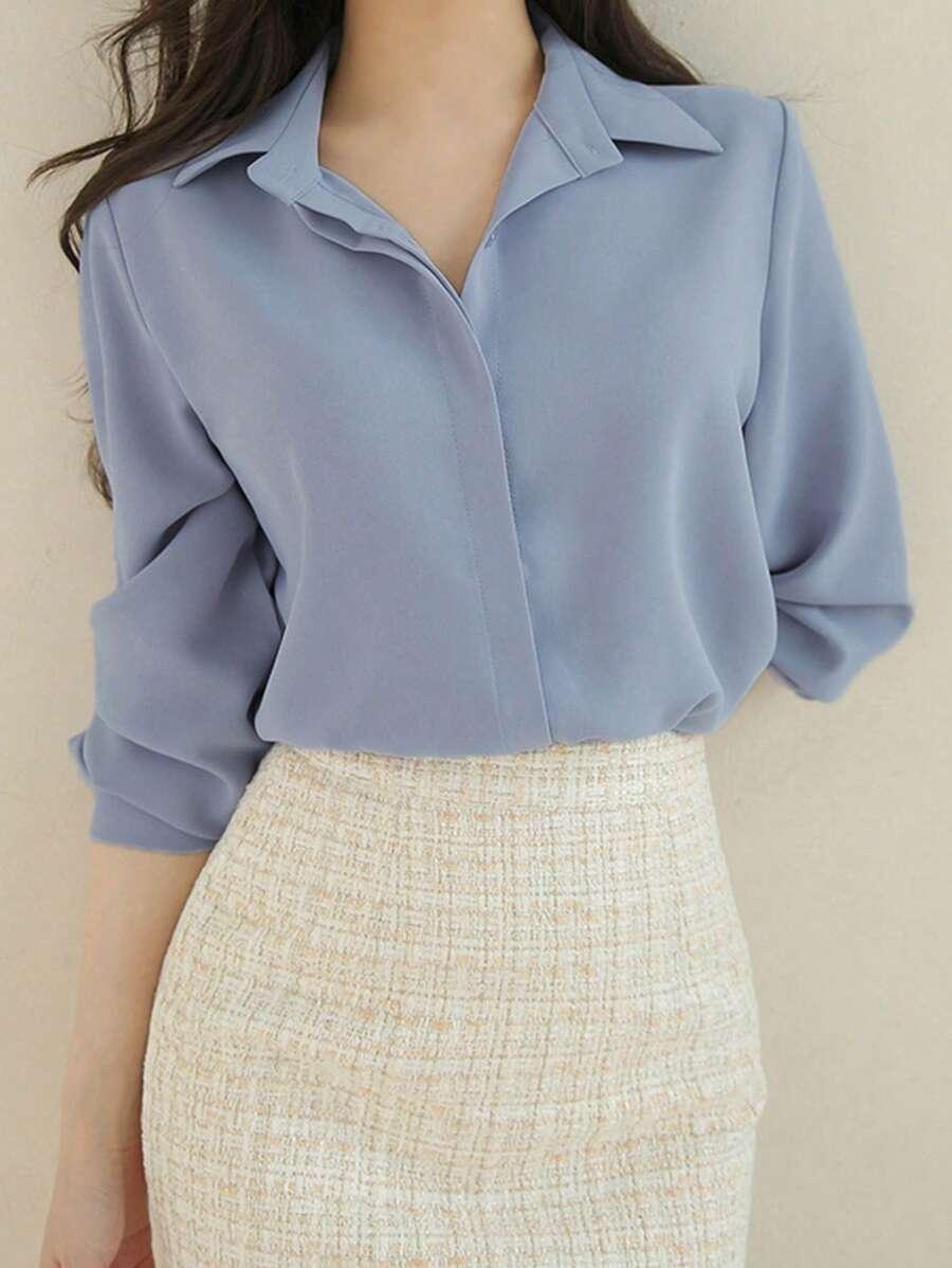 solid blue long sleeve casual business shirt