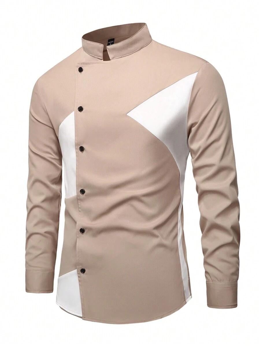 contrast color long sleeve single breasted casual formal shirt
