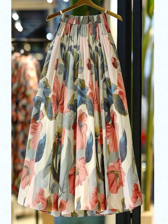 beige floral print high-waisted a-line midi skirt