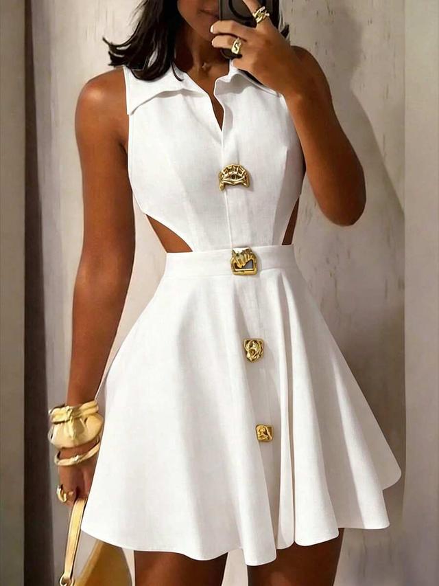 white lapel sleeveless waist-cinching asymmetrical buckle dress