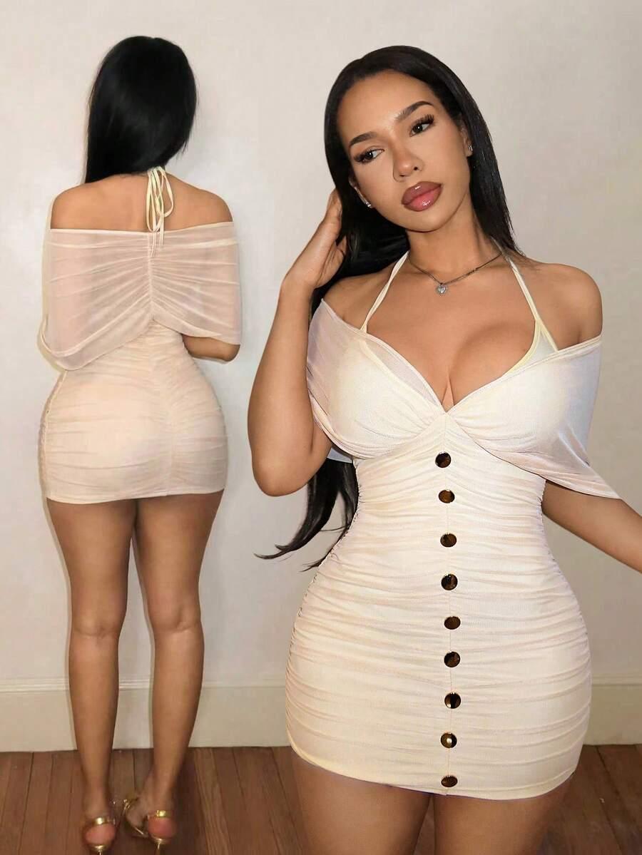 beige off shoulder halter ruched bodycon mini dress