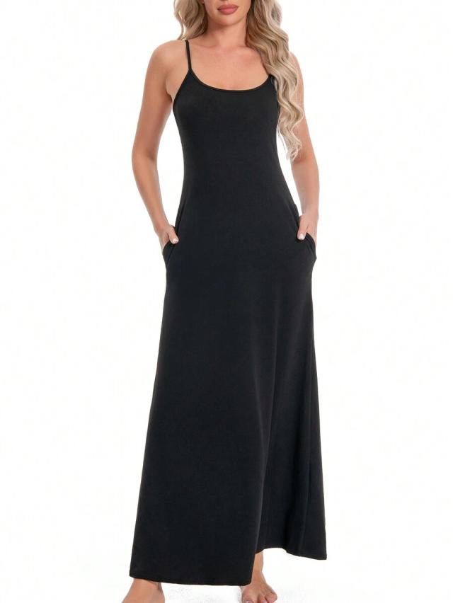 nostanoir solid black casual spaghetti strap maxi dress