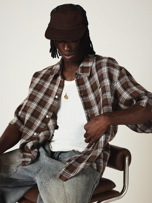 brown plaid flannel short sleeve boxy shirt