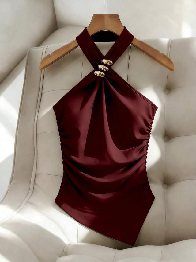 burgundy halter crop top with metal ring and ruching