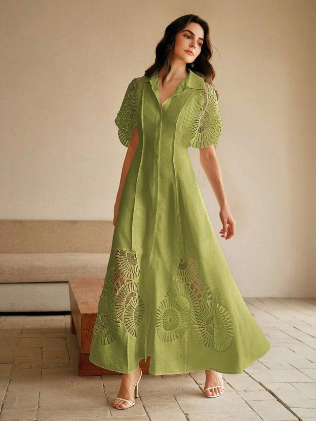 green hollow-out patchwork button-down shirt dress