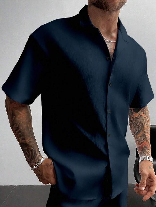 navy blue textured linen cuban collar shirt