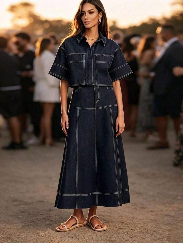 dark wash denim contrast stitch coord set