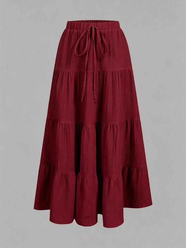 burgundy casual tiered midi skirt with drawstring waist