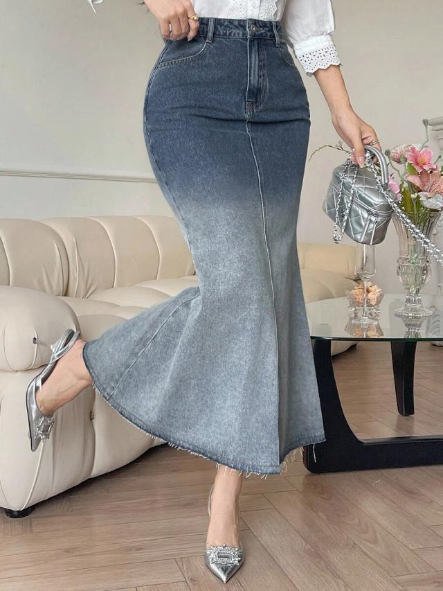 ombre wash denim mermaid midi skirt