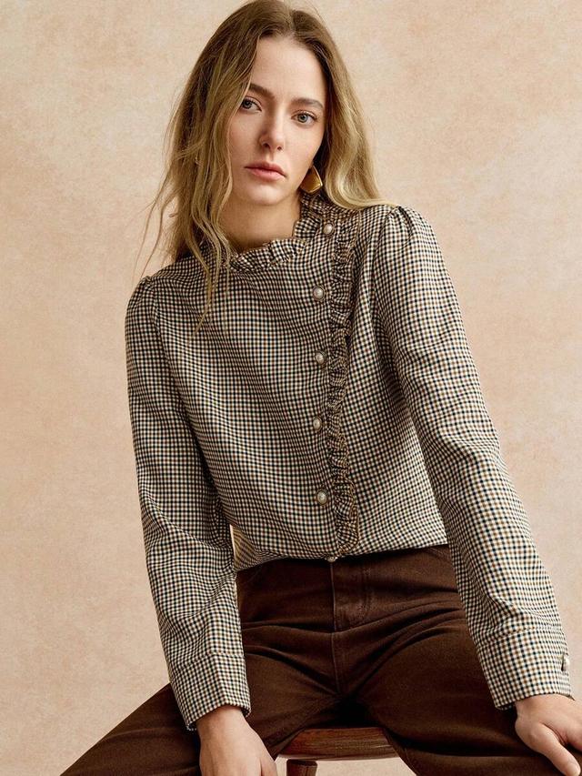 beige gingham check ruffled button-up blouse