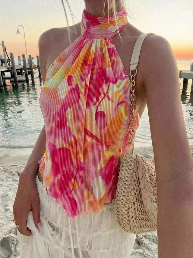 pink floral pleated halter neck backless top