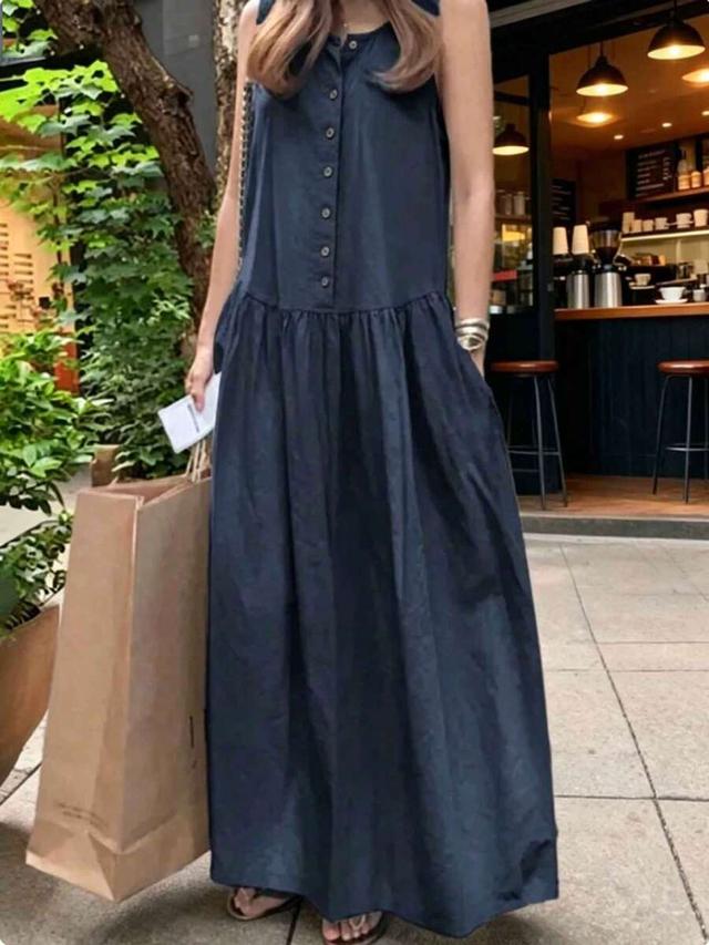 navy blue sleeveless cotton a-line midi dress