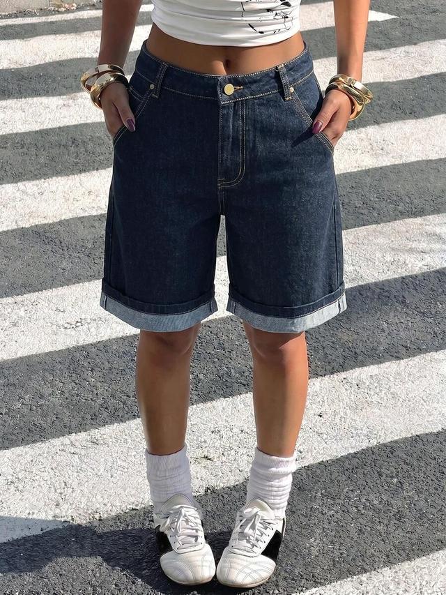 dark wash denim cuffed bermuda shorts
