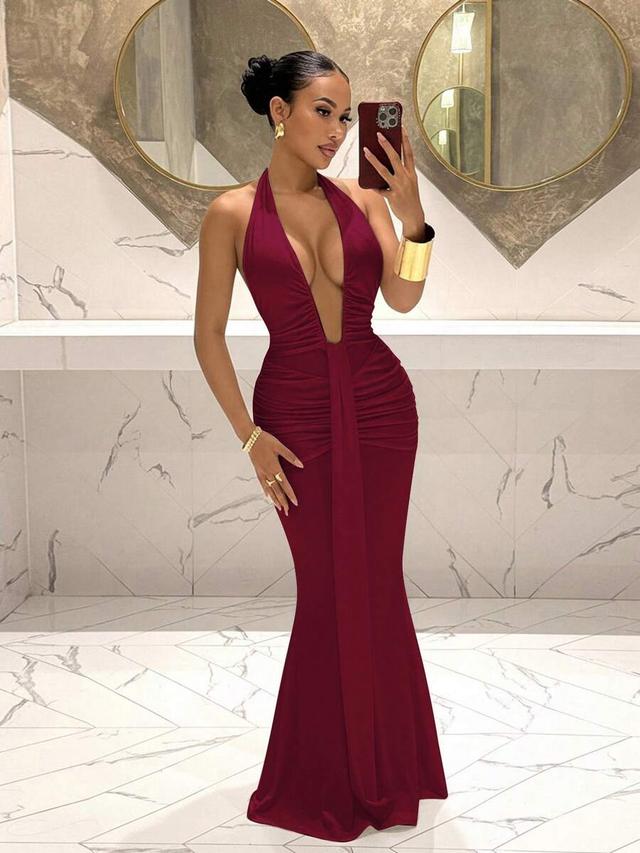 burgundy deep v-neck halter ruched evening dress
