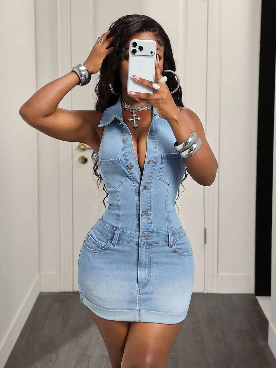 light wash denim halter neck mini dress