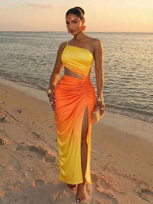 ombre yellow and orange one-shoulder ruched cutout dress