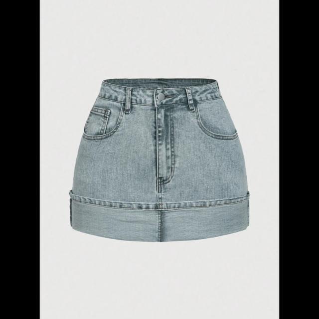 washed design crimped spice girl high-elastic denim skirt