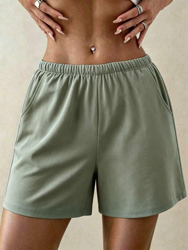 green silk elastic waist casual mini shorts