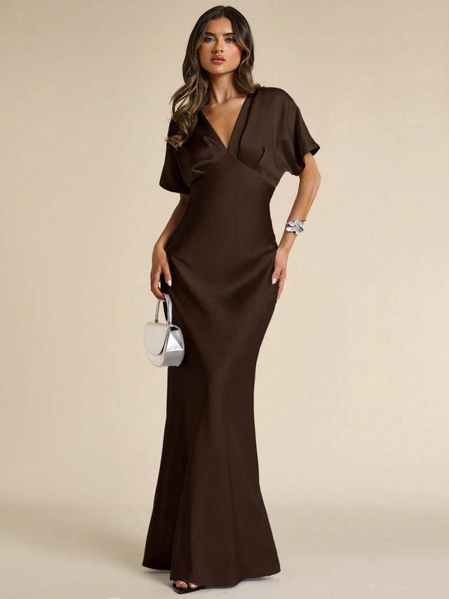 women's blue satin deep v-neck mermaid dress