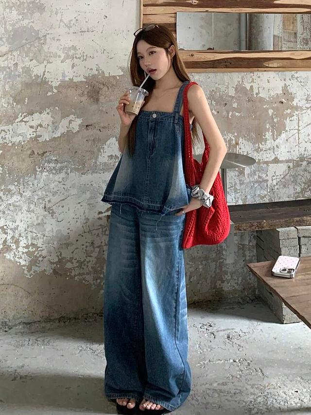 washed denim button-up vest and loose pants set