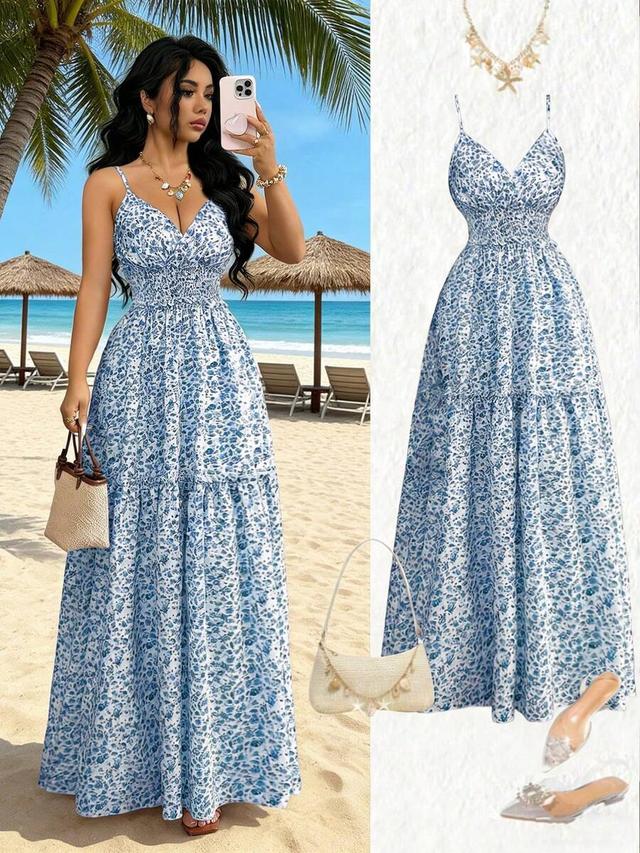 blue ditsy floral spaghetti strap smocked midi dress