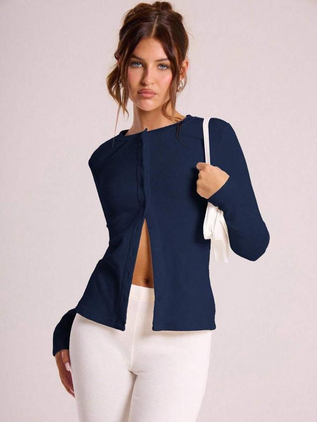 navy blue ribbed button through long sleeve top