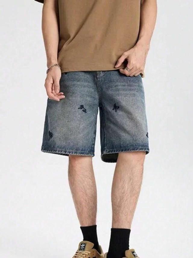 men's antique wash casual embroidered denim shorts