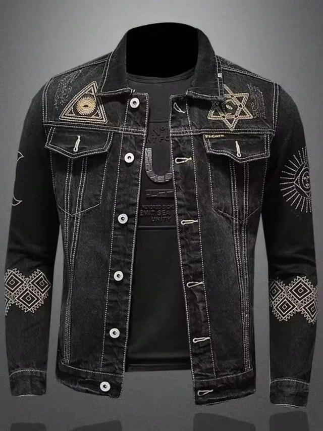 men's black denim jacket with geometric embroidery