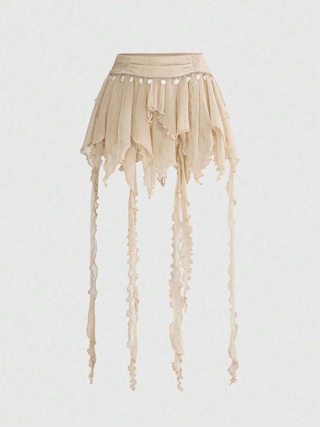beige fairycore asymmetrical hem skirt with tassel pendants