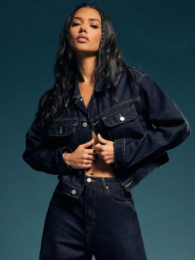 dark wash denim cropped jacket with contrast stitching