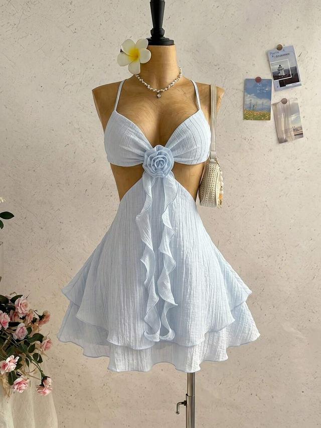 light blue textured floral backless mini dress