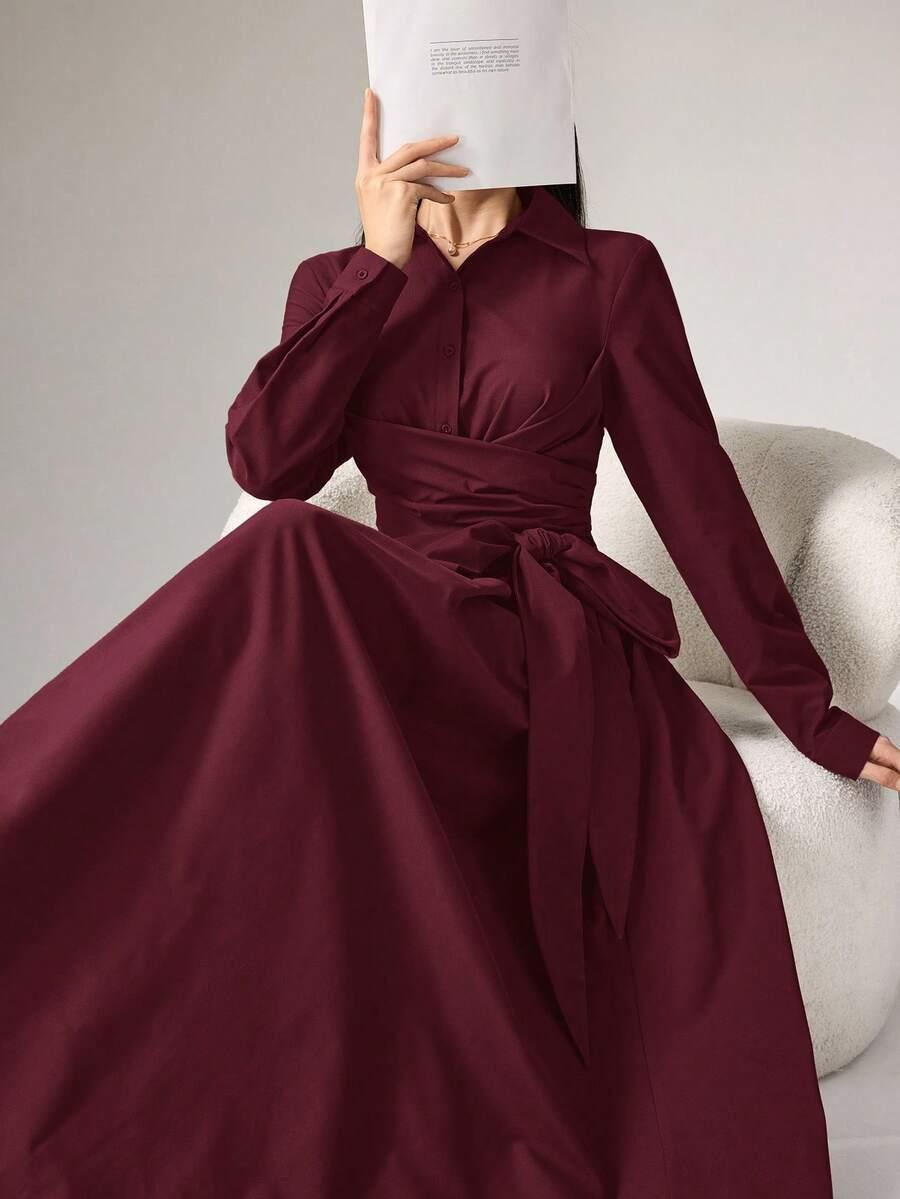 burgundy long sleeve waist twist tie shirt dress