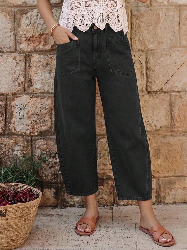 black wide leg baggy denim jeans with front pockets