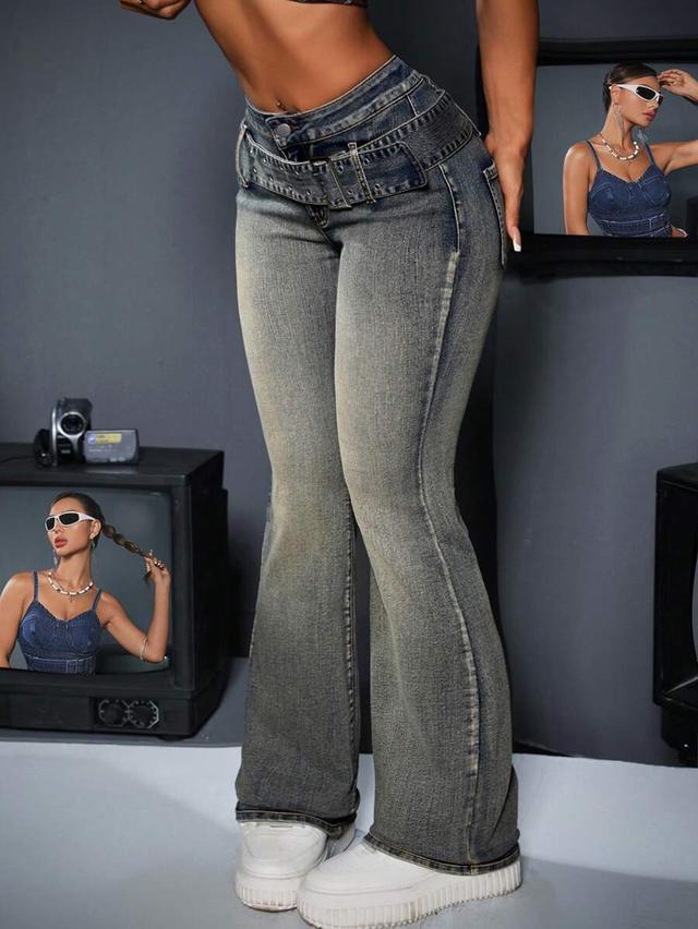 women's casual flared denim jeans with buckle detail