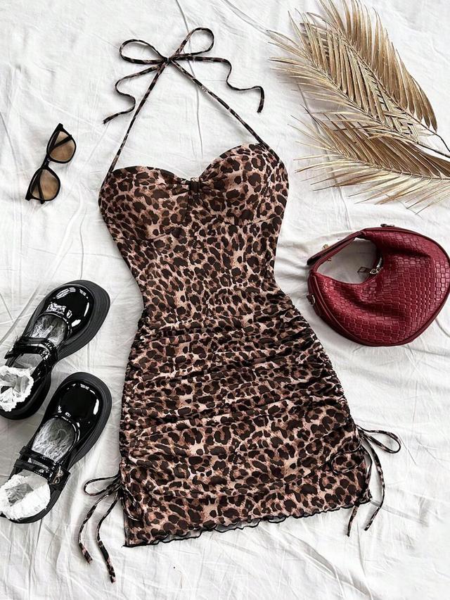 leopard print sleeveless tie neck drawstring hem mini dress