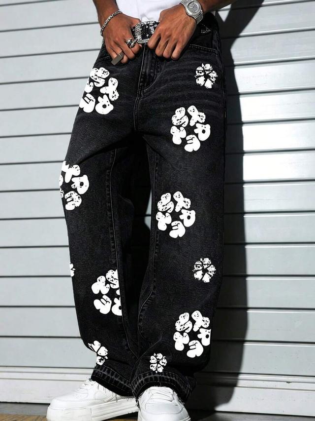 men's casual loose-fitting straight-leg black denim jeans