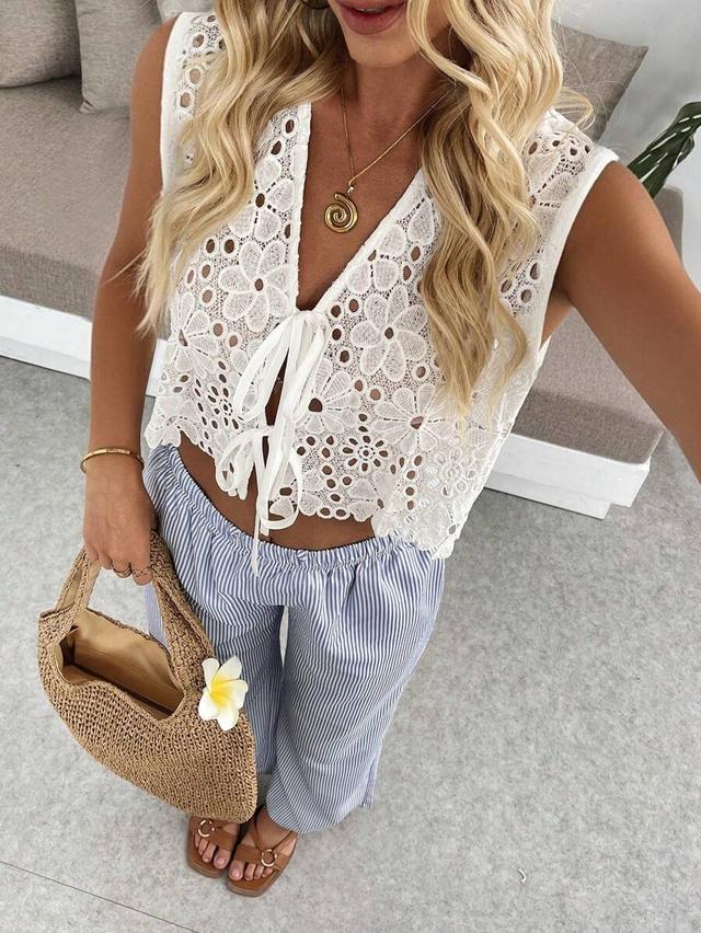 breezaya white floral lace hollow sleeveless tank top