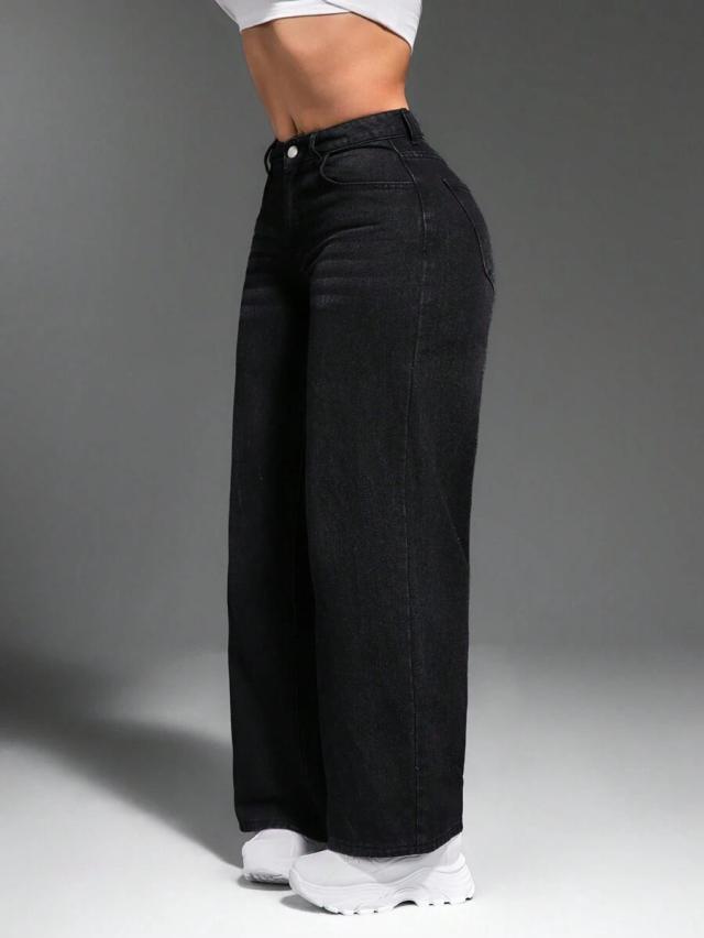 black loose-fit straight-leg denim pants