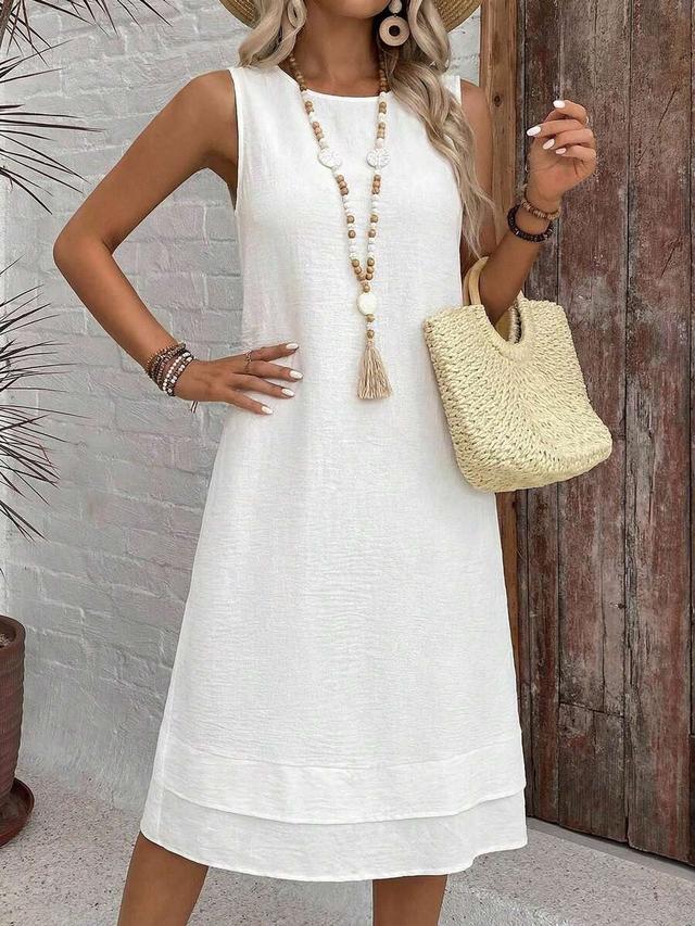 white sleeveless linen blend shift midi dress