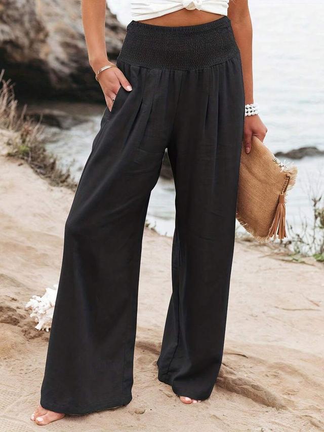 black high-waist wide-leg casual trousers