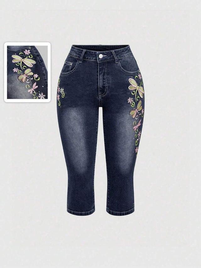 dark wash dragonfly embroidered capri jeans
