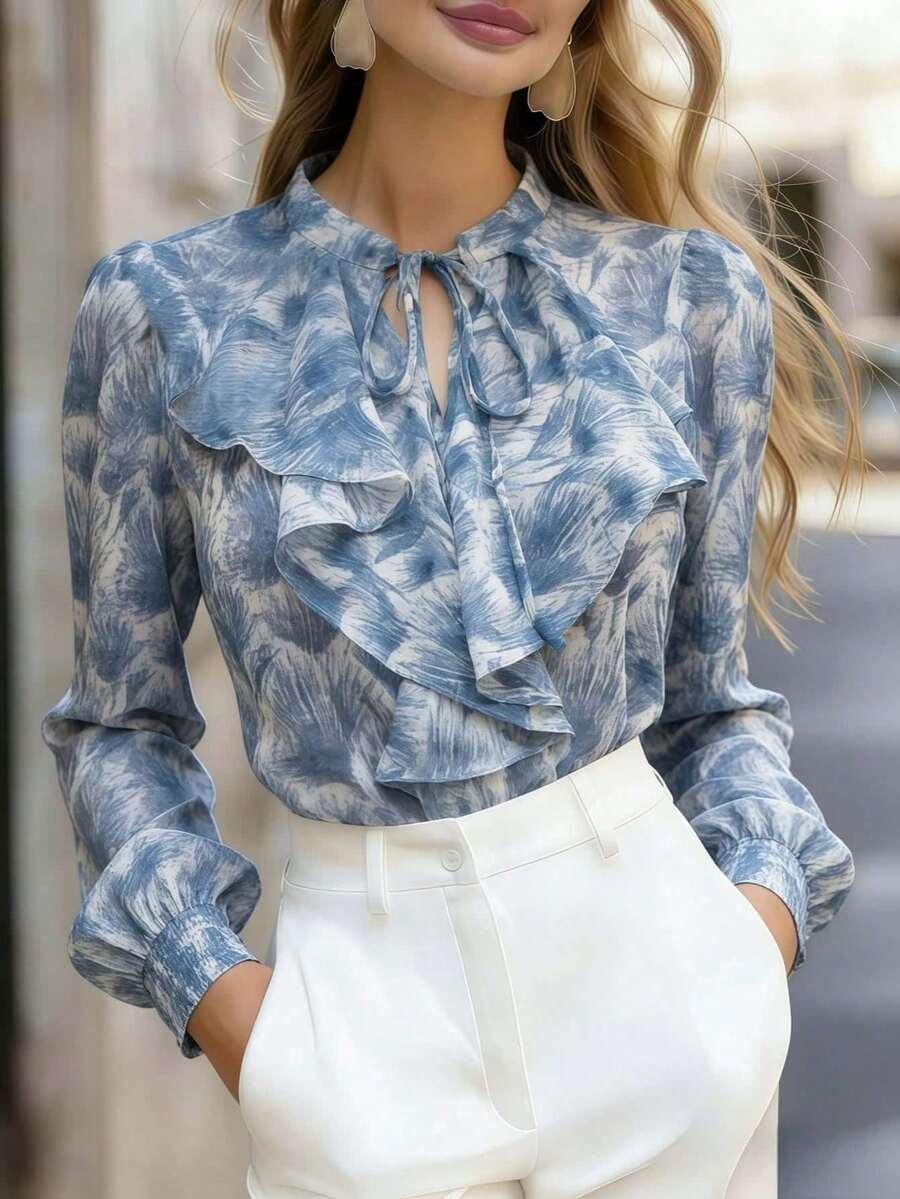 women's blue printed semi-sheer chiffon ruffle blouse