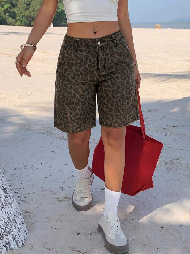 leopard print denim bermuda shorts