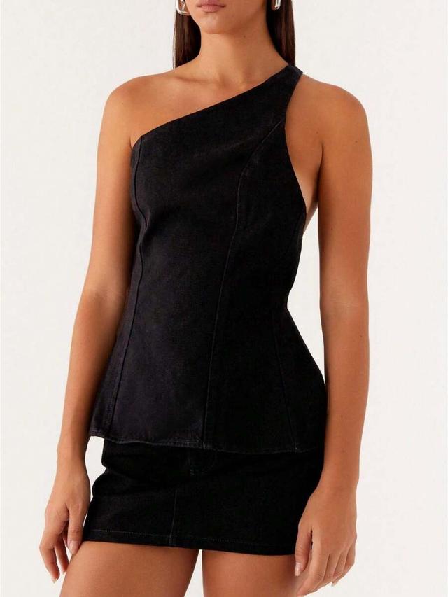 black denim one-shoulder backless top and mini skirt set