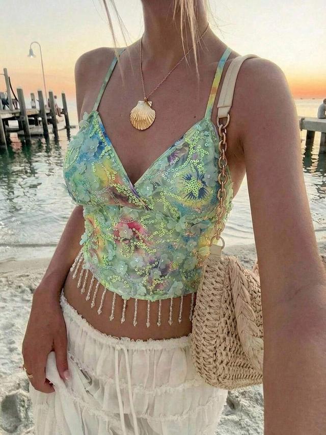 green floral sequin camisole with beaded fringe hem