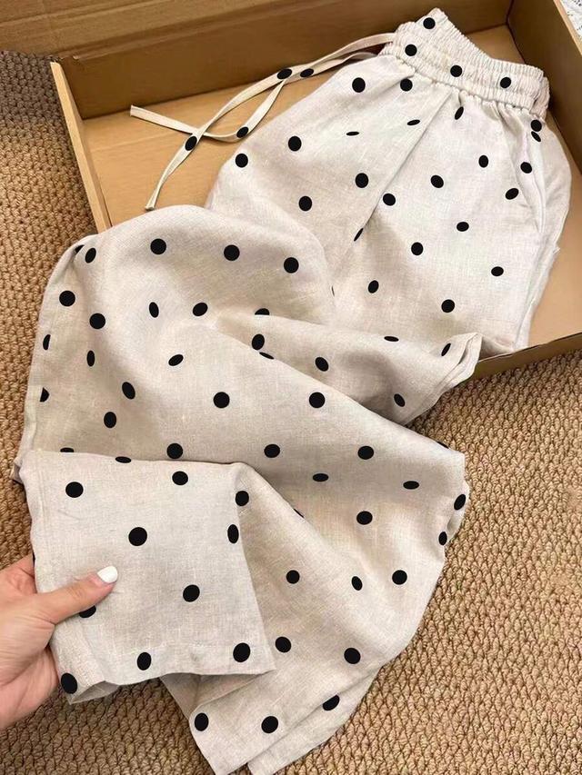 beige polka dot linen trousers with elastic waistband